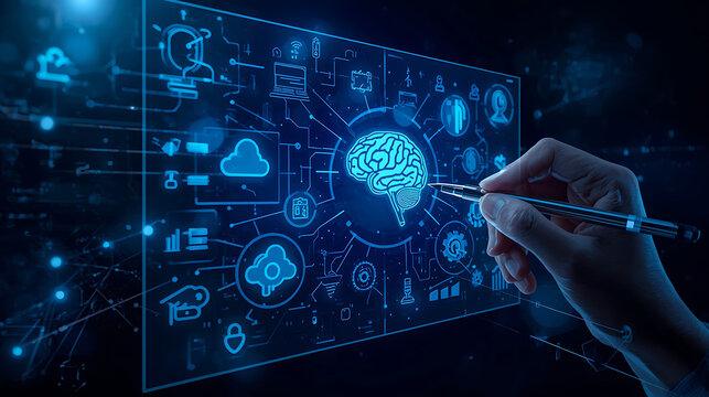 Futuristic digital interface in deep blue tones displays artificial intelligence technology. A hand uses a stylus on a transparent touchscreen featuring holographic elements like an AI brain icon, neu