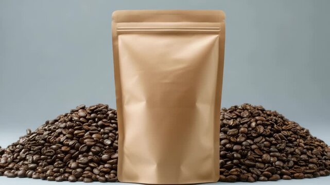 Blank Brown Paper Bag Packaging Mockup Surrounded By Roasted Coffee Beans on Gray Background