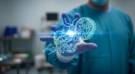 Surgeon in a futuristic operating room analyzing a glowing digital hologram of a human embryo and brain development