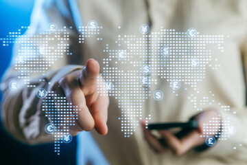 Innovative digital finance concept showing currency symbols on a global map with a person using a smartphone
