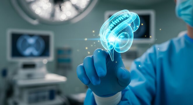 Brain Surgery Concept Surgeon Examining Holographic Brain Image in Operating Room