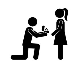 Marriage Proposal Stickman Silhouette with Engagement Ring.