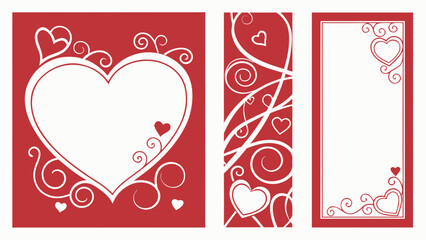 Three valentine's day themed designs with hearts and swirls on a red and white background design set