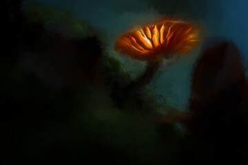 Digital oil painting of fantasy mushrooms glowing in a dark magical enchanted woodland.