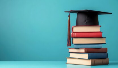 A graduation cap sits on a stack of colorful books against a vibrant blue background, symbolizing education and achievement.