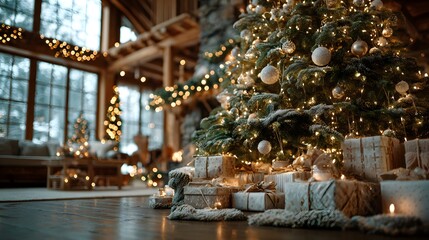 Low angle view captures a lush Christmas tree packed with beautifully wrapped gifts and glowing warm fairy lights in a luxury home.