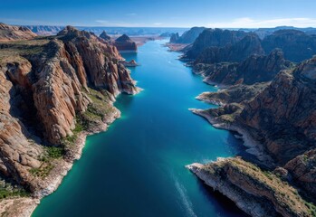 the beautiful landscape and canyons around lake powell in motion, with blue water, desert colors, arizona sandstone rock formations