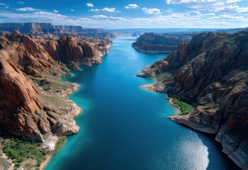 the beautiful landscape and canyons around lake powell in motion, with blue water, desert colors, arizona sandstone rock formations
