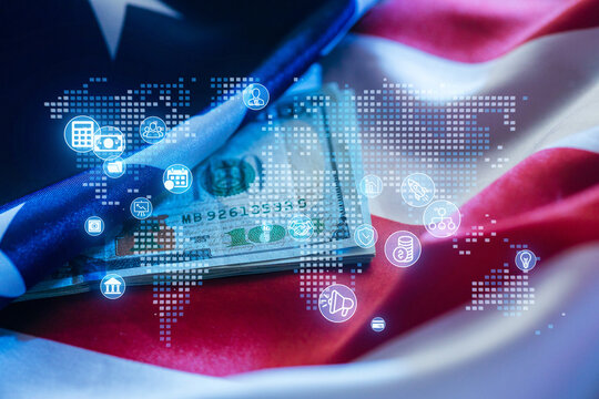 Money on an American flag with digital icons representing finance and global economics