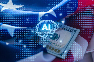 Artificial intelligence concept with dollar bills and American flag background showcasing technology and finance