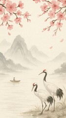 Fototapeta premium Serene cranes amidst cherry blossoms mobile wallpaper