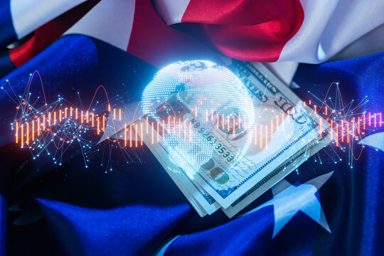 Money on flags representing international trade and finance with a global digital connection in the background