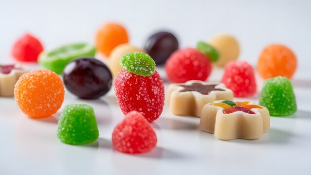 Vibrant assortment of colorful sugar-coated gumdrops and sweet jelly candies on a white background for a confectionery indulgence concept - Powered by Adobe