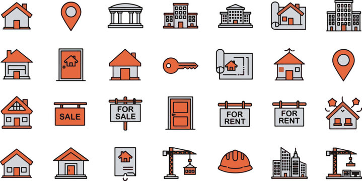 Real estate icons showcase houses buildings construction and property management services perfect for websites apps and marketing materials related to housing and development. - Powered by Adobe