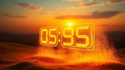 Glowing digital pedometer showing fractal numbers dissolving into golden dust at dawn, symbolizing progress.