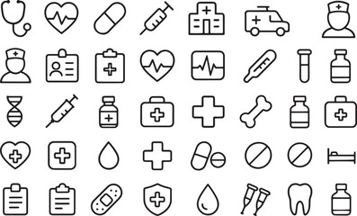 Fototapeta premium Collection of medical icons featuring healthcare symbols including a stethoscope heart pill syringe hospital ambulance doctor and other related health and wellness elements