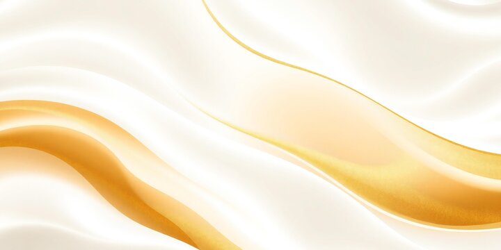 Abstract flowing golden liquid waves on a soft white fabric background