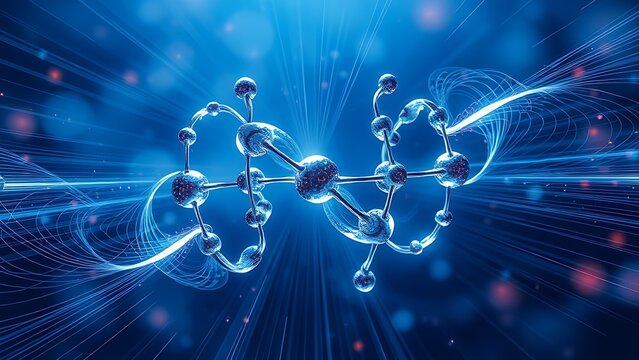 Abstract molecular structure rewrites mid-air, magnetic field lines dancing like double helix patterns.