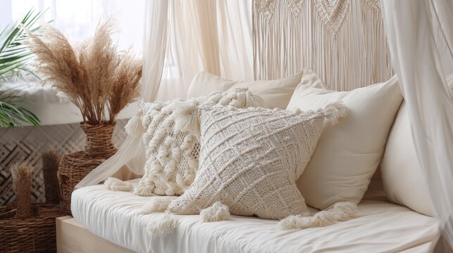 Trendy boho style interior with natural creme and white accents featuring 2026 color of the year trends for cozy home decor