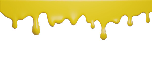 Yellow ice cream melt with glossy drips and smooth texture for dessert designs or summer graphics. Liquid flows down in curved streams for advertisements on Transparent background. 3d render
