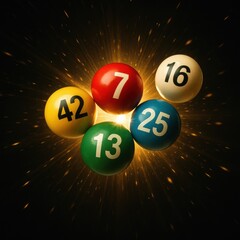 Five brightly colored lottery or bingo balls emerging from dramatic golden light burst on dark background