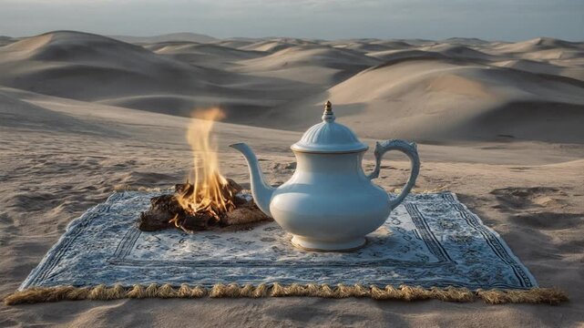 Desert scene teapot on rug with fire sand dunes background