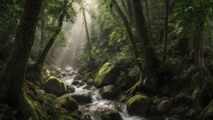 Obraz premium A lush, sun-dappled stream flows through a dense, verdant forest with mossy rocks and trees