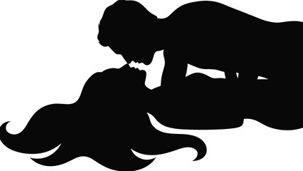Romantic couple silhouette in intimate pose, emotional black vector art for love, passion, relationship, and dramatic storytelling illustration themes.