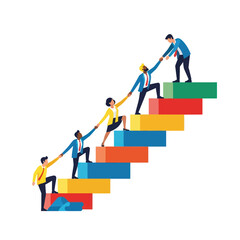 Diverse business team helping each other climb colorful stairs to success.