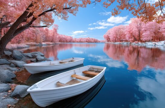 an ancient tree with its branches reaching the water's edge, and boats resting on it, creating reflections in the lake.