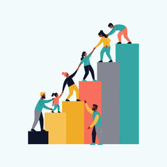 Diverse group of people helping each other climb a bar chart representing growth and support.