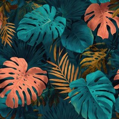 Seamless pattern of tropical palm leaves in vibrant teal and coral retro Hawaiian vibe