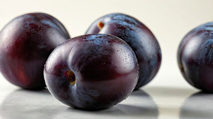 Fresh purple plums with water droplets on reflective surface