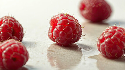 Fresh raspberries on wet surface showcasing vibrant red color and texture