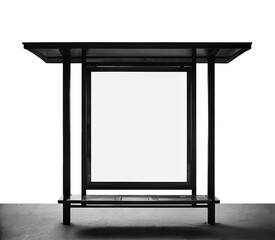 Modern bus stop features a sleek design with a blank advertising space, showcasing a minimalist aesthetic and urban environment