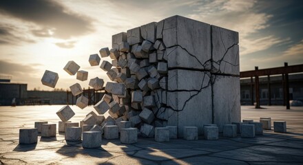 Fragmented Reality: Deconstruction of a Stone Cube Underneath a Dramatic Sky