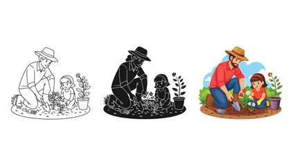 Father and child gardening together showing three styles line art, silhouette and full color illustration
