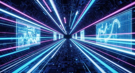 Futuristic data tunnel with glowing neon streams and digital dashboards display