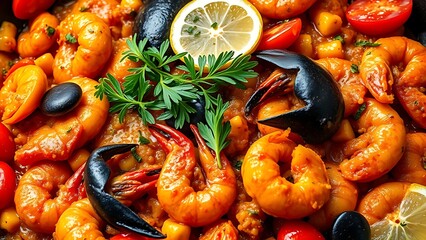 Spanish seafood paella closeup with vibrant culinary presentation.