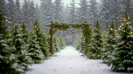 A snowy pathway lined with lit Christmas trees