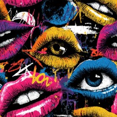 Seamless pattern of bold graffiti eyes and lips in neon spray paint urban street art