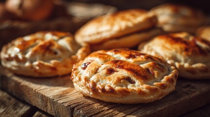 Golden savory pastries baked and displayed on a rustic wooden board