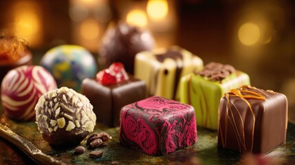 Assorted gourmet chocolates beautifully displayed in a luxurious setting