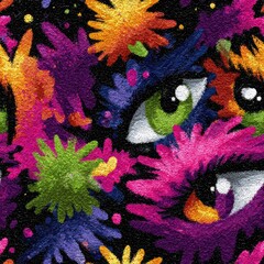 Seamless pattern of bold graffiti eyes in neon spray paint urban street art
