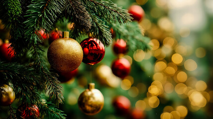 A close-up of a Christmas tree adorned with gold and red ornaments