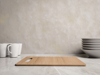 3D Empty Countertop for Food Photography Background, Wood Cutting Board Mockup on Marble Kitchen Counter