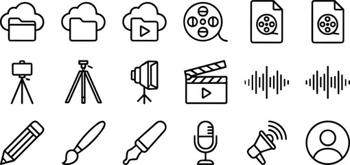 Creative multimedia icon set featuring cloud storage, video files, studio equipment, sound waves, drawing tools, and communication symbols for digital projects
