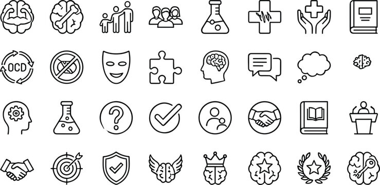 Line art icon collection representing mental health, communication, family support, education, and wellness concepts, ideal for infographics, presentations, apps, and professional design projects