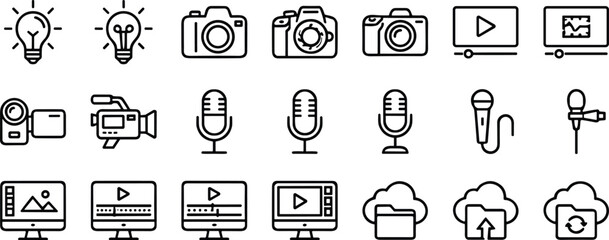 Professional multimedia and content creation icon set featuring cameras, microphones, video editing screens, cloud storage symbols, and creative inspiration elements for digital projects