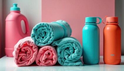 Towels, water bottles, gym equipment background, joyful expressions, support, body, friends